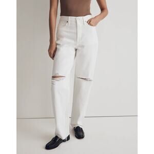 Madewell Baggy Straight Jeans Women's 32 Tile White Raw Hem Distressed Knee